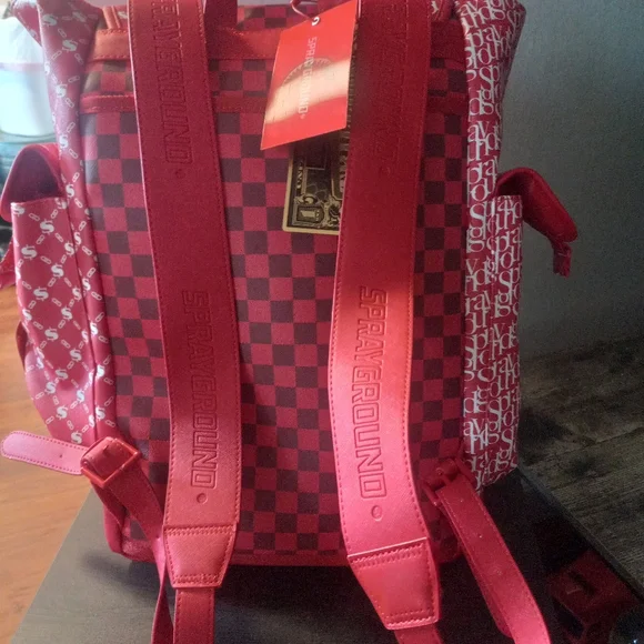 Sprayground Red/White Checkard, Moneysign, Sprayground Logo Bookbag Backpack NWT - Picture 4 of 12